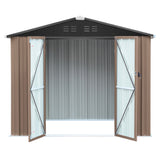 Brown metal garden storage shed with open sliding double doors and black apex roof with vents