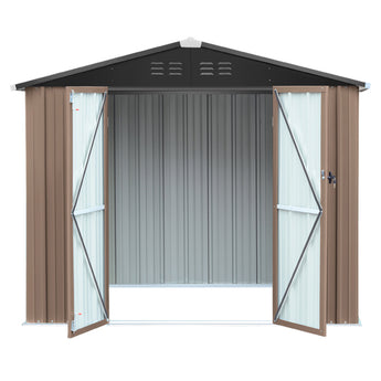 Brown metal garden storage shed with open sliding double doors and black apex roof with vents