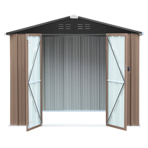 Brown metal garden storage shed with open sliding double doors and black apex roof with vents