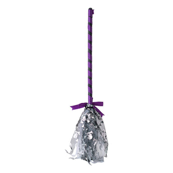Purple-striped Halloween wand with silver tulle pouch and purple ribbon bow