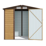 Tawny storage shed with open double doors, gray back wall and diagonal brace