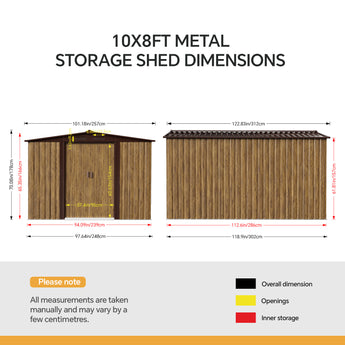Shed dimensions diagram showing roof and double-door layout