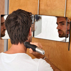 Foldable tri-fold makeup mirror with extendable hanging arms, black frame view