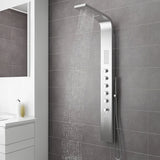 Silver shower tower panel with overhead rain shower head, hose, and side controls