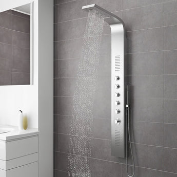 Silver shower tower panel with overhead rain shower head, hose, and side controls