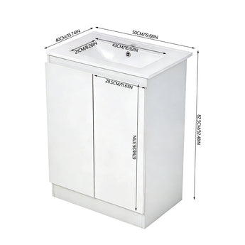 White freestanding bathroom vanity unit with ceramic sink and two-door storage cabinet