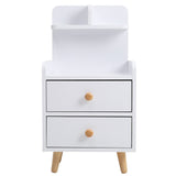 White wooden bedside table with 2 drawers, open shelf, round wood knobs, tapered legs