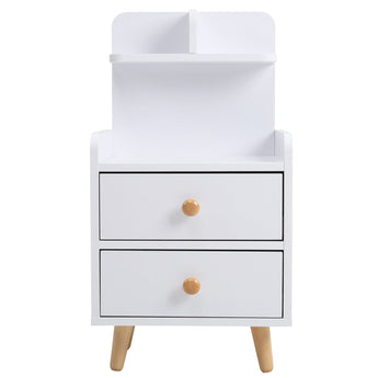 White wooden bedside table with 2 drawers, open shelf, round wood knobs, tapered legs