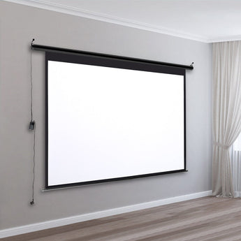 Electric projector screen mounted on wall with blank white projection surface