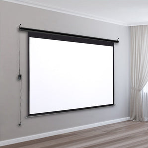 Electric projector screen mounted on wall with blank white projection surface