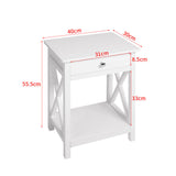 White wooden bedside table nightstand with drawer and open shelf, X-style supports.
