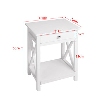 White wooden bedside table nightstand with drawer and open shelf, X-style supports.