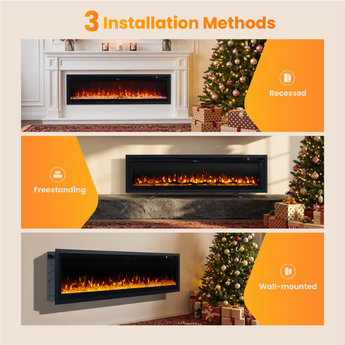 Electric fireplace insert with three installation methods: recessed, free-standing, wall-mounted