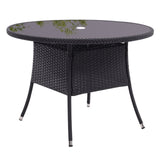 Outdoor round woven table in black with a central parasol hole.