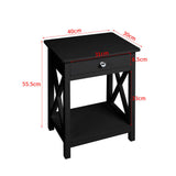 Black wooden bedside table nightstand with one drawer and open storage shelf.