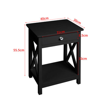 Black wooden bedside table nightstand with one drawer and open storage shelf.