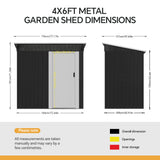 Metal garden shed dimensions diagram with 4x6ft measurements and door opening details