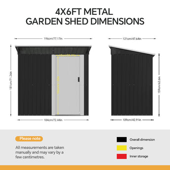 Metal garden shed dimensions diagram with 4x6ft measurements and door opening details