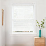 White PVC window blind with horizontal slats, fully lowered on a window