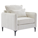 Linen sofa armchair, off-white upholstery with two back pillows and black legs