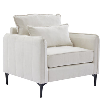 Linen sofa armchair, off-white upholstery with two back pillows and black legs
