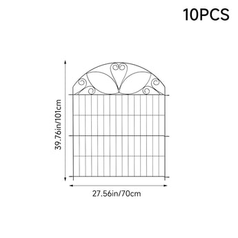 Decorative black metal garden fence gate panel with arched scrollwork top, size shown
