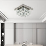 Square crystal flush ceiling light with chrome trim and clear faceted crystal rings