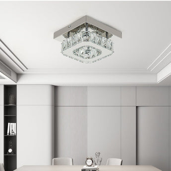 Square crystal flush ceiling light with chrome trim and clear faceted crystal rings