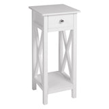 White wooden slim side table with drawer, X-frame legs, open lower shelf