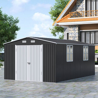 Metal garden storage shed with double doors, two window panels, and vented apex roof