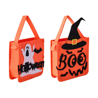Set of 2 orange Halloween treat bags with handles: ghost face and witch “Boo”