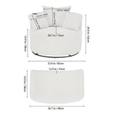 White corduroy swivel accent chair and footstool with labeled size dimensions