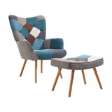 Wingback armchair and footstool set, blue/gray color-block upholstery with diamond pattern