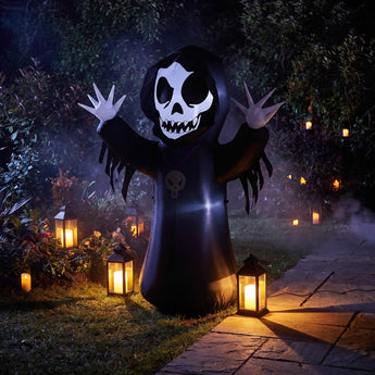 Inflatable hooded skeleton Halloween decoration with skull face, outstretched arms, purple sash