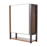 Wall-mounted mirror cabinet with dark wood frame and metal legs, door closed front view