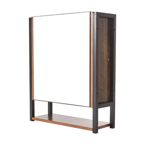 Wall-mounted mirror cabinet with dark wood frame and metal legs, door closed front view