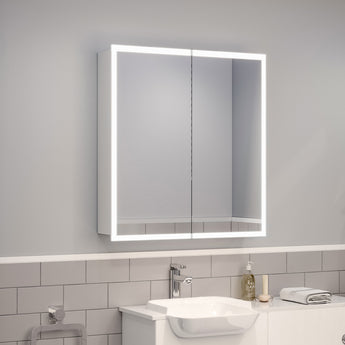 Wall-mounted bathroom mirror cabinet with bright LED light frame above sink