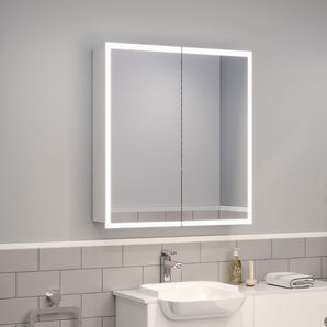 Wall-mounted bathroom mirror cabinet with bright LED light frame above sink