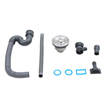 Sink drain kit parts: flexible hoses, fittings, strainer and mounting base