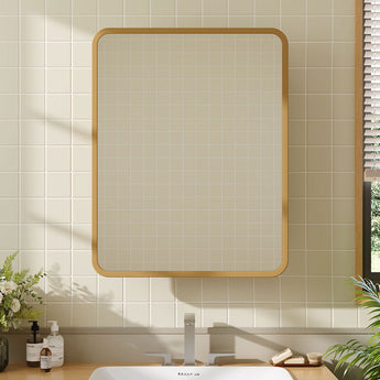 Wall-mounted rectangular bathroom mirror storage cabinet with gold-tone rounded frame