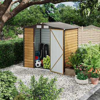 Tawny outdoor storage shed with one door open showing soccer ball and garden tools