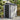 Gray plastic storage shed with black front door and dark roof