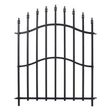 Black metal fence panel with arched crossbars and pointed post caps