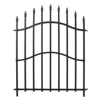 Black metal fence panel with arched crossbars and pointed post caps