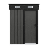 Grey metal garden storage shed front view with sliding door and rectangular vents
