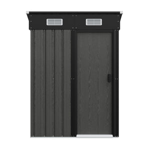 Grey metal garden storage shed front view with sliding door and rectangular vents