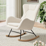 Cream high-back rocking chair with padded seat and curved wood runners; black metal frame.