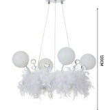 Feather LED pendant light, 50cm wide with crystal balls and round opal shades