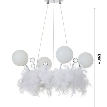 Feather LED pendant light, 50cm wide with crystal balls and round opal shades