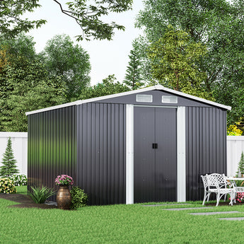 Anthracite metal garden storage shed with apex roof and double sliding doors